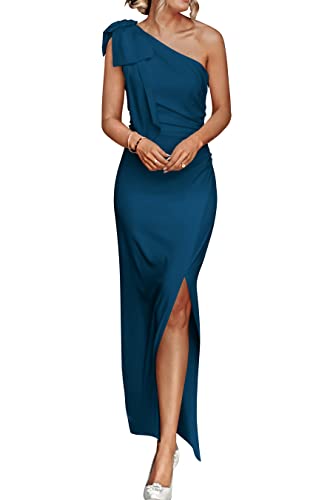 PRETTYGARDEN Women's Summer One Shoulder Long Formal Dresses Sleeveless Ruched