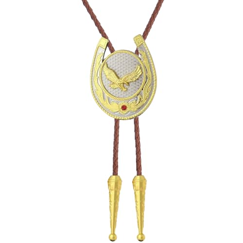 Image of Jeilwiy Bolo Tie for Men, Western Cowboy Golden Longhorn Bull Eagle Horse Cowboy Hat Bolo Necklace Leather Necktie for Women