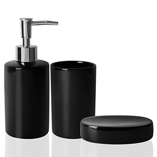 Set mit 3 Zubehörteilen für das Badezimmer, Seifenspender und Zahnputzbecher, modernes Design, für Waschbecken (Schwarz-Stil1) Cover