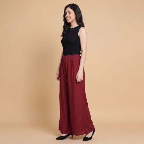 Image of FASHION GALLERY Women's Solid Rayon Palazzo Pants | Relaxed Fit Full Length Wide Leg Palazzo | Elastic Waist Comfortable Casual Lounge Office Ethnic Flared Trousers for Women