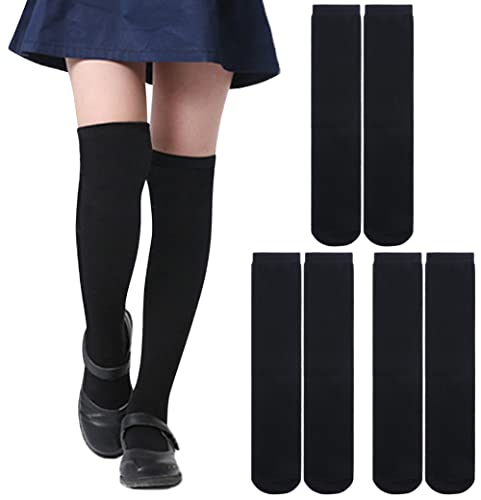 SDBING Girls Knee High Socks (3 Pairs Black, One Size) 3-12 Years Old