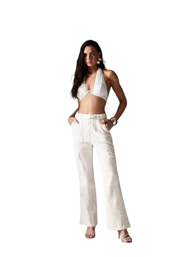 Jean femme jambe large taille haute en denim stretch confortable régulier