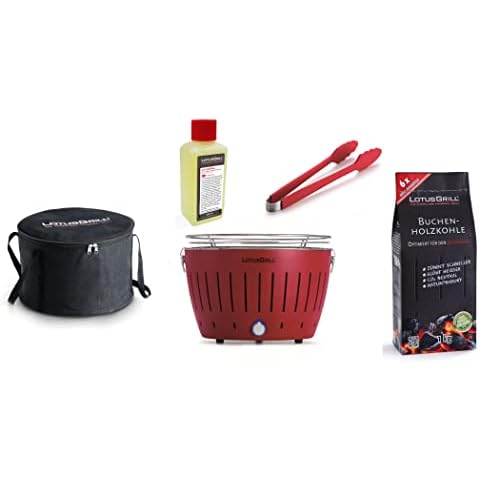 LotusGrill starter set 1x grill with USB connection, 1x beech wood charcoal 1 kg, 1x fuel paste 200 ml, 1x tongs fire red, 1x bag Cover