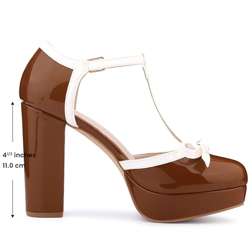 Allegra K Allegra K Women's Platform Bow T Strap Chunky Heels Brown Pumps 10 M US