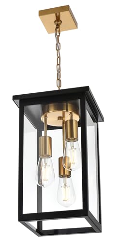 Yaohong Outdoor Pendant Lights for Porch, Modern 3-Lights Exterior Hanging Lights, Exterior Hanging Lantern with Clear Glass and Height Adjustable, Large Outdoor Ceiling Lights for Patio Front Foyer
