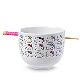 Silver Buffalo Sanrio Hello Kitty Face with Different Color Bows Pattern Ceramic Ramen Noodle Rice Bowl with Chopsticks, Microwave Safe, 20 Ounces