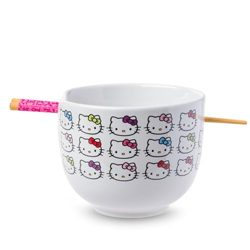 Silver Buffalo Sanrio Hello Kitty Faces and Bows Pattern Ceramic Ramen Rice Bowl with Chopsticks, 590 ml