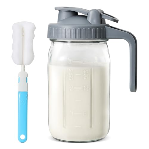 Image of 32 Oz Breast Milk Pitcher,Glass Pitchers with Lid and Handle,Wide Mouth Mason Jar, Leak-proof Glass Water Pitcher, Creamer Container