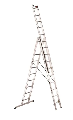 Svelt Scala Professionale a 3 Tronchi in Alluminio – 10 gradini per Tronco – Trasformabile in Appoggio e Cavalletto – Con Stabilizzatore, Guardacorpo e Rotelle di Sfilo – Norme EN131 TÜV