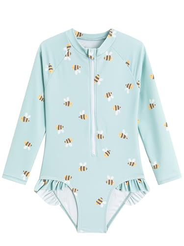 LIZENS Girls' One-Piece Swimwear Rash Guard Swimsuit Zipper Bathing Suits Long Sleeve Ruffle Girl Full Cover Flower Print