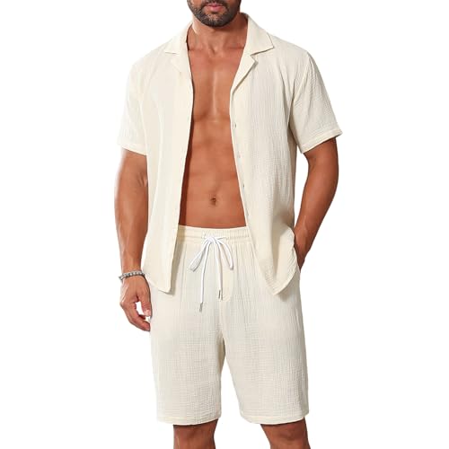 Lexiart Men's Casual 2 Piece Outfits Sets Short Sleeve Button Down Shirt Elastic Waist Shorts Summer...