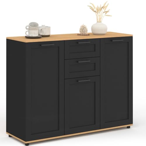 IDMarket VITO - Aparador de 100 cm, 3 puertas y 2 cajones, color negro y bandeja de madera