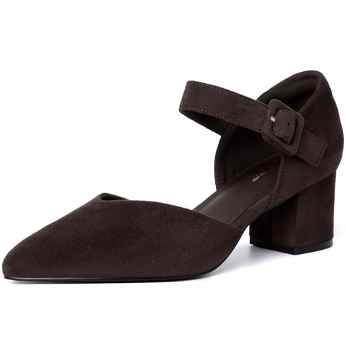 Image of RIBONGZ Comfortable Kitten Heels for Women Pointed Closed Toe Ankle Strap Buckle Heels Slip on Low Heel Church Pumps Wedding Bridal Party Dressy Shoes