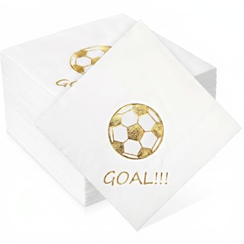 Sabary 100 Pcs Soccer Paper Napkins 5 x 5 Inches Gold Foil Soccer Cocktail Napkins Disposable 3 Ply Dinner Guest Hand Napkin for Sports Themed Party Favors Birthday Supplies