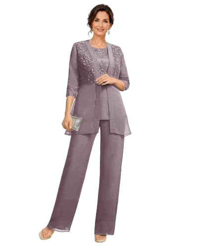 Chiffon 3 Piece Mother of the Bride Pant Suits with Jacket DMS02 Mauve