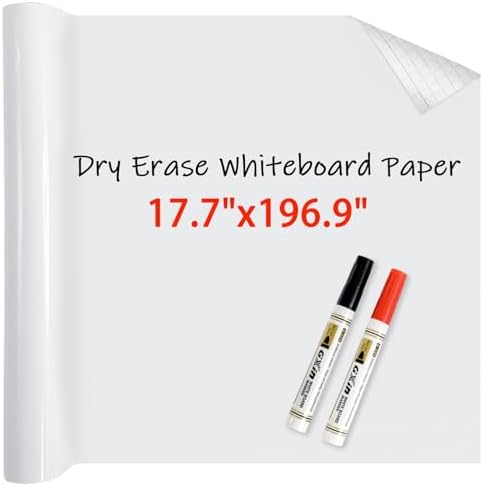 White Board Paper with 2 Markers, Dry Erase Contact Paper, Peel and Stick Whiteboard Sticker, Self-Adhesive White Board Roll Wallpaper for School/Office Work/Home/Kids Drawing (17.7