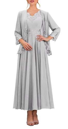 Beaded 2 Piece Tea Length Mother of The Bride Dresses for Wedding with Jacket 3/4 Sleeve Lace Formal Evening Gown