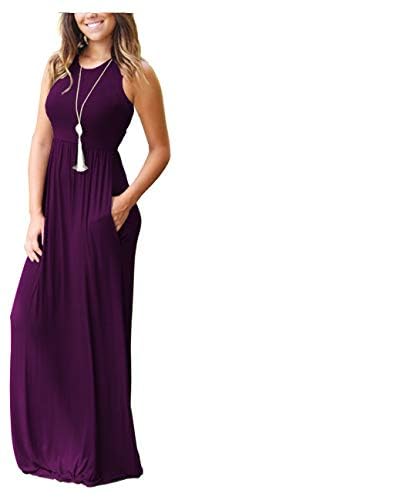 Image of AUSELILY Women's Summer Sleeveless Loose Plain Casual Long Maxi Dresses | Year Round wear solid floral print, Casual daily wear, Empire waist, Floor length, Side pockets New