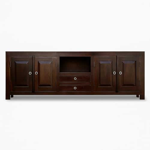 Image of Sheesham Wood TV Stand and Shelf Storage Entertainment Unit Center Console TV Table Wooden Tv Cabinet for Living Room Home (Dark Walunt)