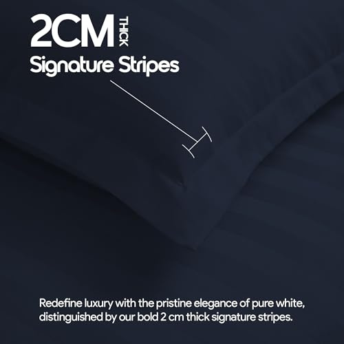 Image of LINENWALAS Cotton 300 TC Double Standard Size Pillow Cover | 2 cm Sateen Stripe Design | Cloud-Soft, Breathable & Skin-Safe | Oeko-TEX Certified Hotel-Style Bedding (20x30 inch, Set of 2, Navy Blue)