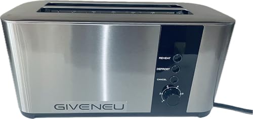 GIVENEU Stainless Steel Toaster 4 Slice, Long Extra-Wide Slots for Bagels and Waffles, 6 Browning Levels, LED Display, Cancel/Defrost/Reheat Functions & Removable Tray