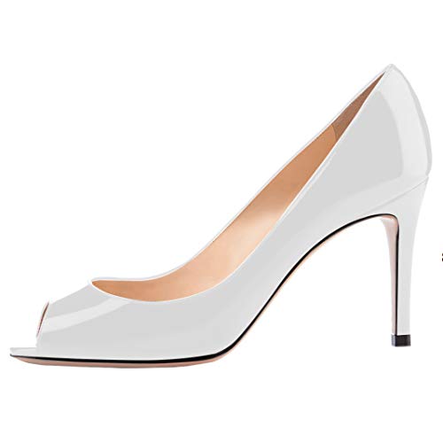 YODEKS Women's Peep Toe High Heel Pumps 8CM Patent Leather Heeled Wedding Office Dress Shoes2
