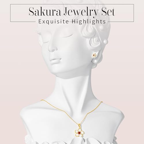 KYNOX Flower Necklace Earrings Set for Women 14K Gold Plated Hypoallergenic Sets Pair with different birthstones for Wedding Party Bridal Bridesmaid Accessories (Gold, 18in, Bright Red) — view 6