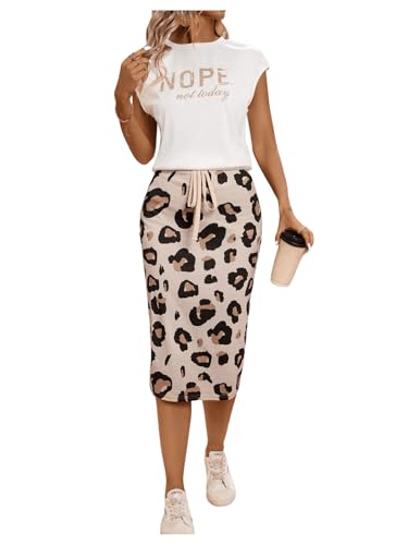 SweatyRocks Damen Zweiteiler Top und Rock 2 Teiler Set Tshirt mit Buchstaben Bodycon Midirock mit Knoten Freizeitanzug Mokka Braun M