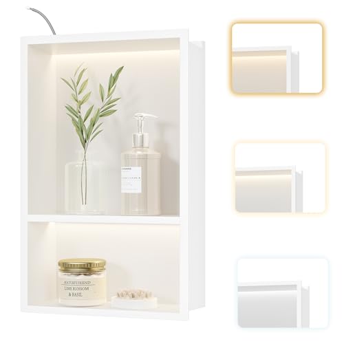 Neohomee Wandnische Dusche Edelstahl mit LED-Licht, Eingebettete Duschnische mit Regal 45x30cm mit Farbtemperaturregler für Badezimmer Aufbewahrung und Dekoration, Weiß