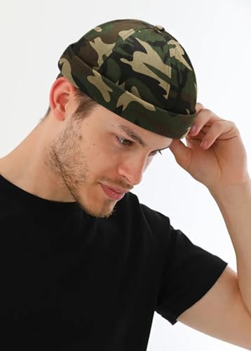 Image of 2 Pcs Mens Brimless Docker Cap Set - Retro Worker Sailor Skull Cap Beanie with Rolled Cuff