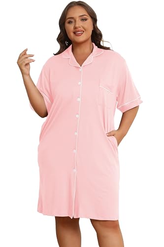 Image of Vozanet Women Button Down Nightgown Plus Size Nursing Nightshirt Boyfriend Nighty Bridal Sleepdress with Pockets XL-5XL
