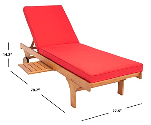 Image of SAFAVIEH Outdoor - Newport Chaise Lounge Chair - Brown & Red - Solid Wood - Slatted Design with Wheels - Ideal for Patio, Deck, Poolside, Backyard, 78.7 inchW x 27.6 inchD x 14.2 inchH (PAT7022R)