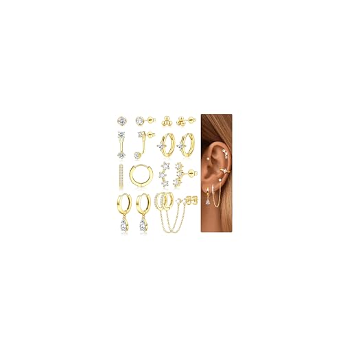 Small Gold Hoop Earrings Set for Women - 14K Gold Plated Hypoallergenic Huggie Hoop Studs Earring Stacks for Sensitive Ears - Cartilage Earring Sets for Multiple Piercing 8 Pairs