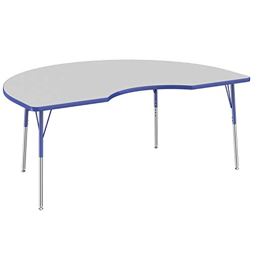 Image of FDP Kidney Activity School and Office Table (48 x 72 inch), Standard Legs with Swivel Glides for Collaborative Seating Environments, Adjustable Height 19-30 inches - Gray Top and Blue Edge