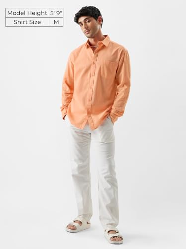 Image of The Souled Store Solid Linen: Beige Color Men and Boys Regular Outdoor Fit Full Sleeve Collared Neck Spread Collar Casual Wear Stylish Comfortable Premium Elegant Cotton Shirts