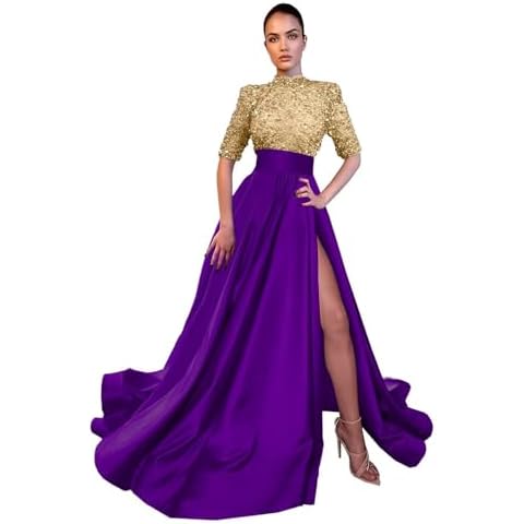 Hegabch Short Sleeve Prom Dresses with Slit Sparkly Sequins Satin Long Prom Dress for Women Elegant Formal Gowns Backless Taupe Purple US14 Cover