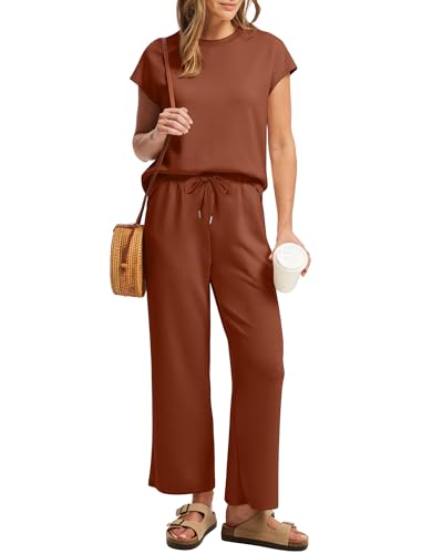 Image of Sampeel Two Piece Sets for Women Summer Vacation Outfits Cap Sleeve Tops Lounge Matching Sets Clothing Beach Fashion Clothes