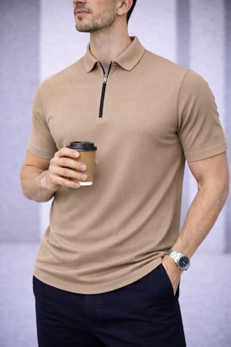 Image of Mack Jonney Men Ribbed Polo T-Shirt | Regular Fit | Half Sleeve | Zip Collar Casual T-Shirt-MJ-94