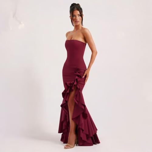 Strapless Prom Dress for Womens Ruffles Satin Wedding Party Maxi Dress Bodycon Cocktail Gowns with Slit4