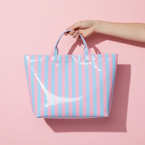 Image of Striped PVC Tote Bag for Women, Waterproof Plastic Hobo Handbag Summer Tote for Beach, Pool & Ideal Gift