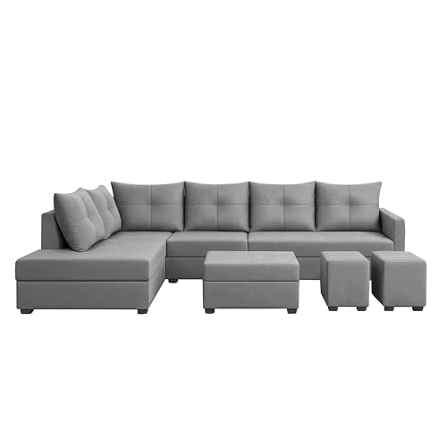 Image of Wood 8 Seater Sofa Set with Ottoman & Stools | Velvet Fabric Upholstery | Modern L Shape Wooden Frame Couch for Living Room, Home & Office (Grey)