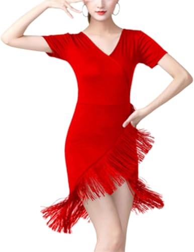 DgtZyrih Vestido de Baile Latino para Mujer, de Manga Corta, con Cuello en V, para competición, con Dobladillo con borlas, para salón de Baile, Salsa, Jazz, chachachá y Rumba,Rojo,M