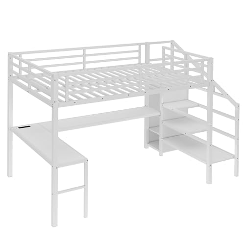 Image of Bellemave Queen Size Loft Bed with Desk and Wardrobe Storage Stairs and Wardrobe, LED USB, Loft Bed Full Size for Teens Metal, White