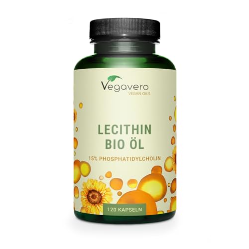 Vegavero Bio Lecithin Öl Kapseln 120 Stück - 1800 mg Sonnenblumenlecithin mit 15% Phosphatidylcholin - carrageenfrei - Lecithin Kapseln vegan & laborgeprüft