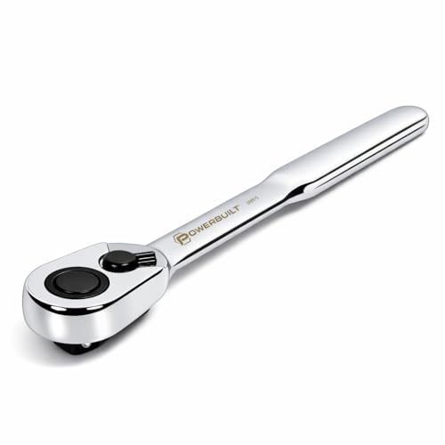 Powerbuilt Low Profile Ratchet, 3/8 Inch Drive, Slim Design Tight Spaces, Quick Thumb Button Socket Release, 649975, Silver