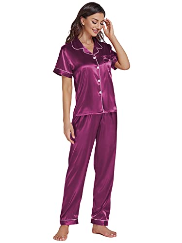 Lyaner Women’s Satin Button Down 2 Pieces Pajamas Set Short Sleeve Collared Sleepwear Pjs Loungewear Nightwear With Long Pants Purple Medium #TOP2