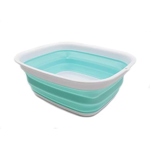 SAMMART 9.45L Collapsible Tub - Foldable Dish Tub - Portable Washing Basin - Space Saving Plastic Washtub (White/Lake Green) Cover
