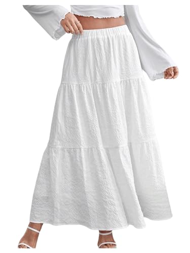 Milumia Women's Flowy Flared Ruffle Maxi Skirt Textured Elastic Waist Swing Tiered A-Line Pleated Long Skirts