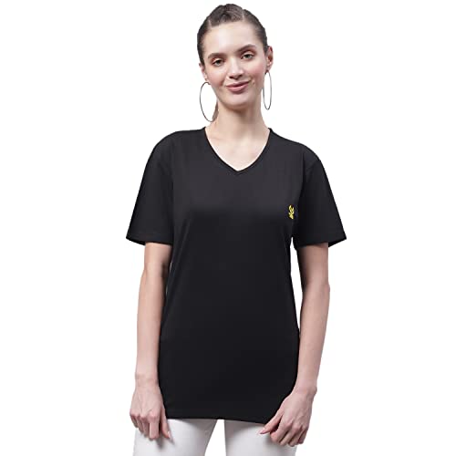 Image of Mack Jonney Women V Neck Cotton Solid Regular Fit T-Shirt-V Anthraa 001-P