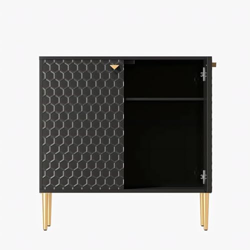 Image of Hexagon Pattern Wooden Sideboard Cabinet 2 Door Storage Unit with Metal Legs | Premium HDMR Wood Console Cabinet for Living Room, Kitchen & Dining | DIY Leg Assembly(Black)